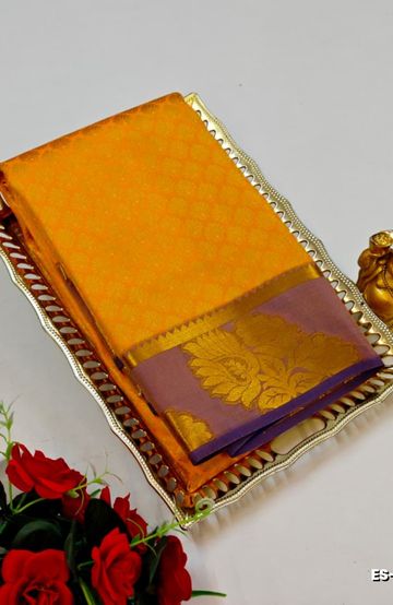 BRIDAL SILK GOLD SILVAR AND COPPER ZARI WEAVE AND WEDDING ART SILK SAREES - TANGERINE COLOUR (2)