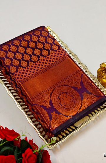 BRIDAL SILK GOLD SILVAR AND COPPER ZARI WEAVE AND WEDDING ART SILK SAREES - PURPLE COLOUR (4)