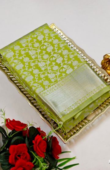 BRIDAL SILK GOLD SILVAR AND COPPER ZARI WEAVE AND WEDDING ART SILK SAREES - LIGHT GREEN (6)