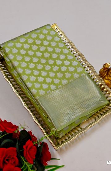 BRIDAL SILK GOLD SILVAR AND COPPER ZARI WEAVE AND WEDDING ART SILK SAREES - LITE GREEN