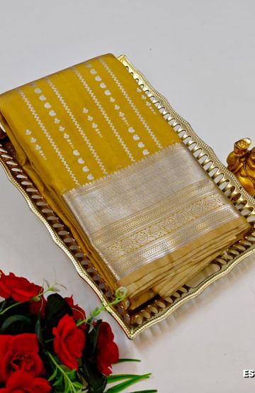 BRIDAL SILK GOLD SILVAR AND COPPER ZARI WEAVE AND WEDDING ART SILK SAREES - LIGHT YELLOW (5)