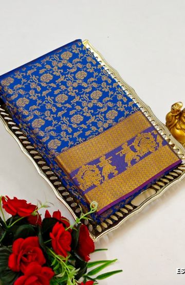 BRIDAL SILK GOLD SILVAR AND COPPER ZARI WEAVE AND WEDDING ART SILK SAREES - BLUE COLOUR (3)