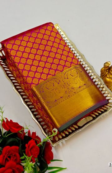 BRIDAL SILK GOLD SILVAR AND COPPER ZARI WEAVE AND WEDDING ART SILK SAREES - DARK PINK (15)