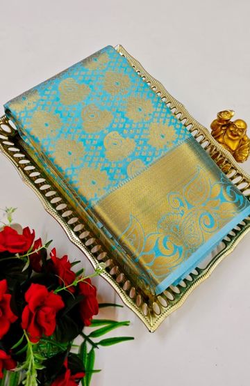 BRIDAL SILK GOLD SILVAR AND COPPER ZARI WEAVE AND WEDDING ART SILK SAREES - SKY BLUE (1)