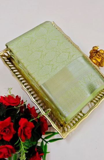 BRIDAL SILK GOLD SILVAR AND COPPER ZARI WEAVE AND WEDDING ART SILK SAREES - LIGHT GREEN (7)
