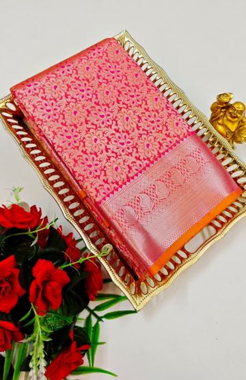 BRIDAL SILK GOLD SILVAR AND COPPER ZARI WEAVE AND WEDDING ART SILK SAREES - CORAL COLOUR (7)