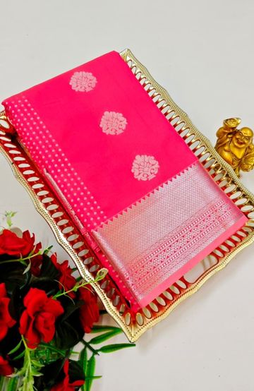 BRIDAL SILK GOLD SILVAR AND COPPER ZARI WEAVE AND WEDDING ART SILK SAREES - LIGHT PINK (19)