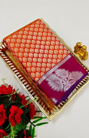 BRIDAL SILK GOLD SILVAR AND COPPER ZARI WEAVE AND WEDDING ART SILK SAREES - ORANGE (10)