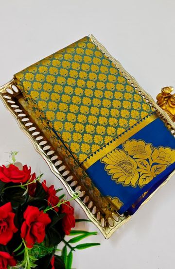 BRIDAL SILK GOLD SILVAR AND COPPER ZARI WEAVE AND WEDDING ART SILK SAREES - GREEN COLOUR (7)