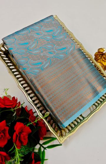 BRIDAL SILK GOLD SILVAR AND COPPER ZARI WEAVE AND WEDDING ART SILK SAREES - LIGHT SKY BLUE (2)
