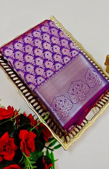BRIDAL SILK GOLD SILVAR AND COPPER ZARI WEAVE AND WEDDING ART SILK SAREES - PLUM COLOUR (2)