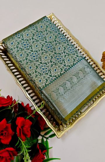 BRIDAL SILK GOLD SILVAR AND COPPER ZARI WEAVE AND WEDDING ART SILK SAREES - LIGHT GREEN SHADE (5)