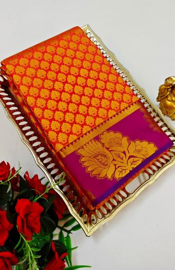 BRIDAL SILK GOLD SILVAR AND COPPER ZARI WEAVE AND WEDDING ART SILK SAREES - ORANGE N (10)