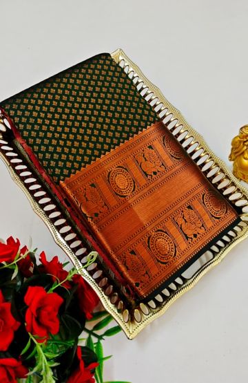 BRIDAL SILK GOLD SILVAR AND COPPER ZARI WEAVE AND WEDDING ART SILK SAREES - BOTTLE GREEN (1)