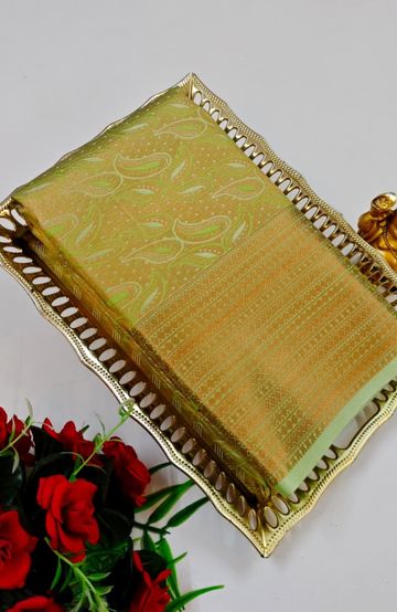 BRIDAL SILK GOLD SILVAR AND COPPER ZARI WEAVE AND WEDDING ART SILK SAREES - LITE GREEN (1)