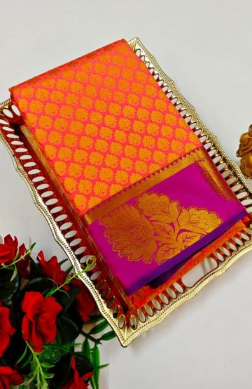 BRIDAL SILK GOLD SILVAR AND COPPER ZARI WEAVE AND WEDDING ART SILK SAREES - CORAL COLOUR (8)