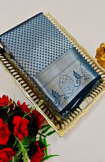 BRIDAL SILK GOLD SILVAR AND COPPER ZARI WEAVE AND WEDDING ART SILK SAREES - PEACKOK BLUE (4)