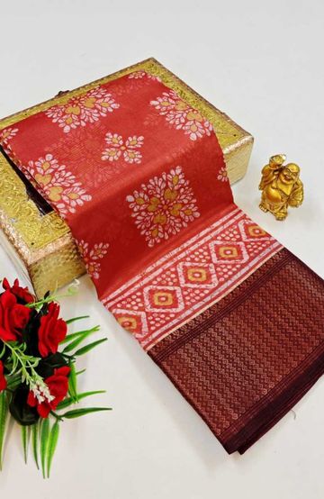 Dailywear cotton sarees premium look lightweight comfortable wear - CORAL COLOUR