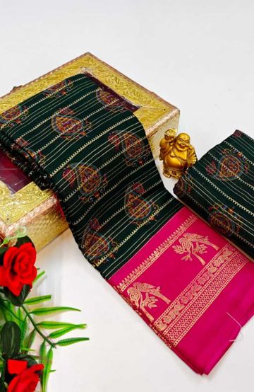 Foil print saree - BOTTLE GREEN