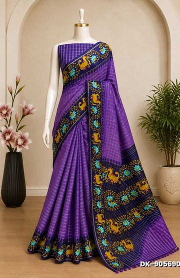 DIGITAL PRINTING DOLA SILK COTTON SAREES - BRINJAL COLOUR