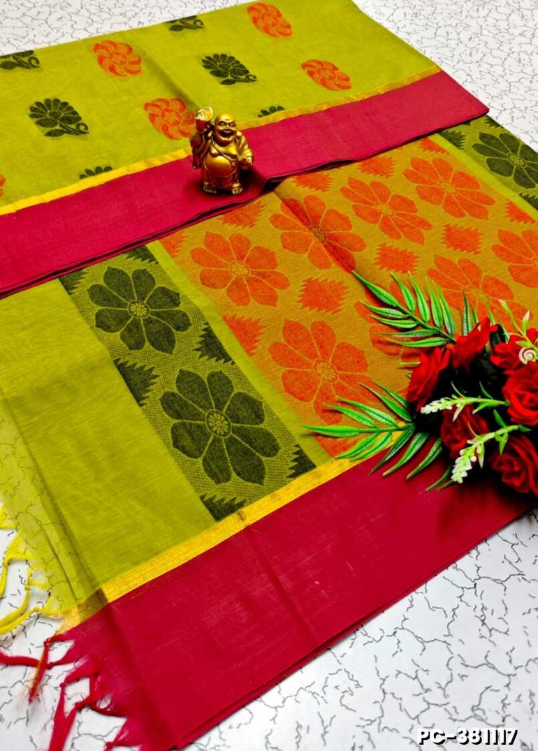 PURE COTTON HAND WORK BUTTAS SAREES SUMMER SPECIAL COLLECTION - OLIVE GREEN