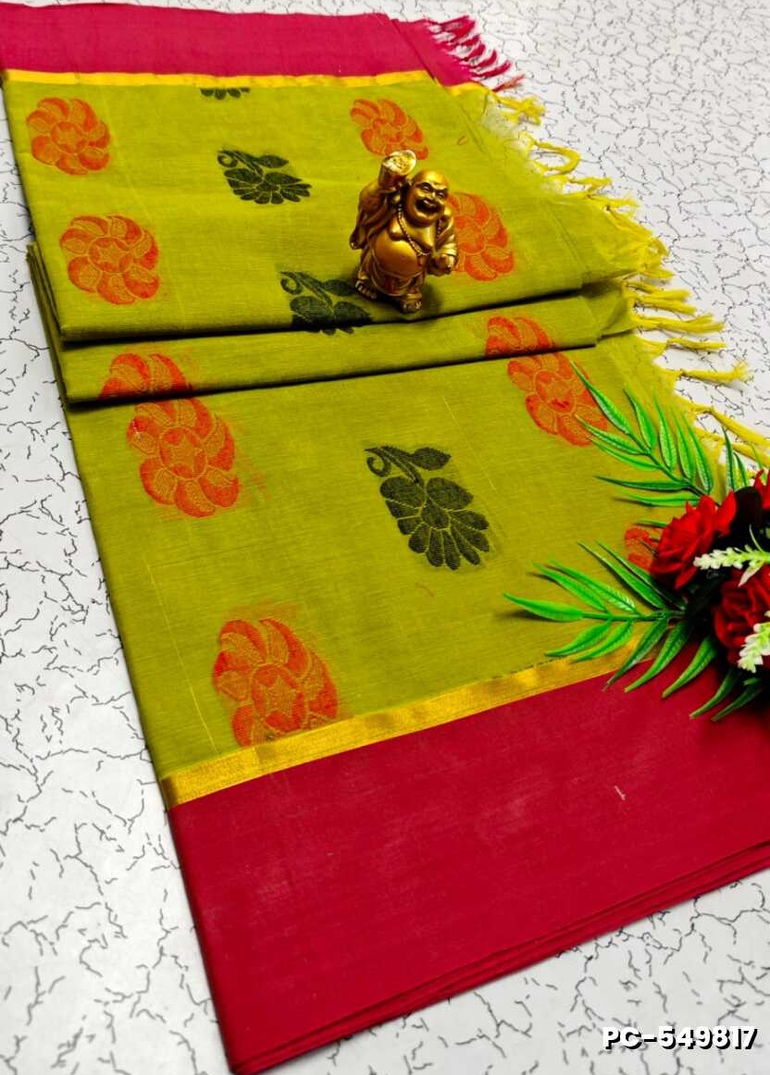 PURE COTTON HAND WORK BUTTAS SAREES SUMMER SPECIAL COLLECTION - OLIVE GREEN (1)