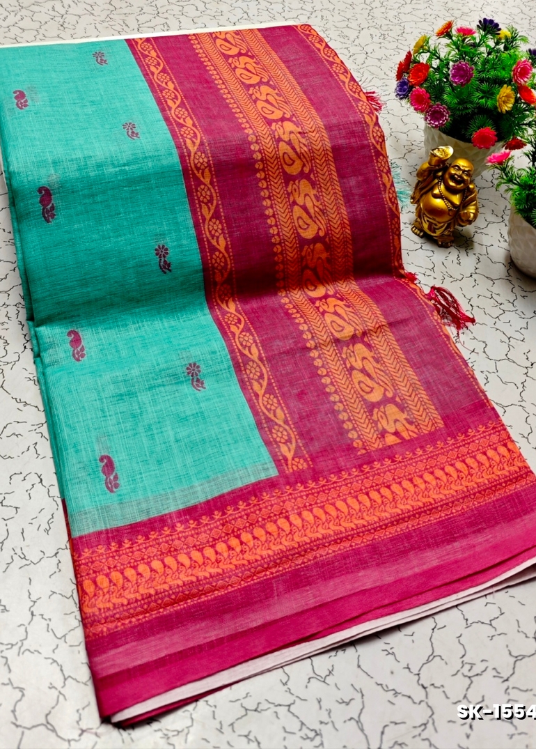 DIGITAL PRINTING KALIYANI LINEN COTTON SAREES - LIGHT SKY BLUE