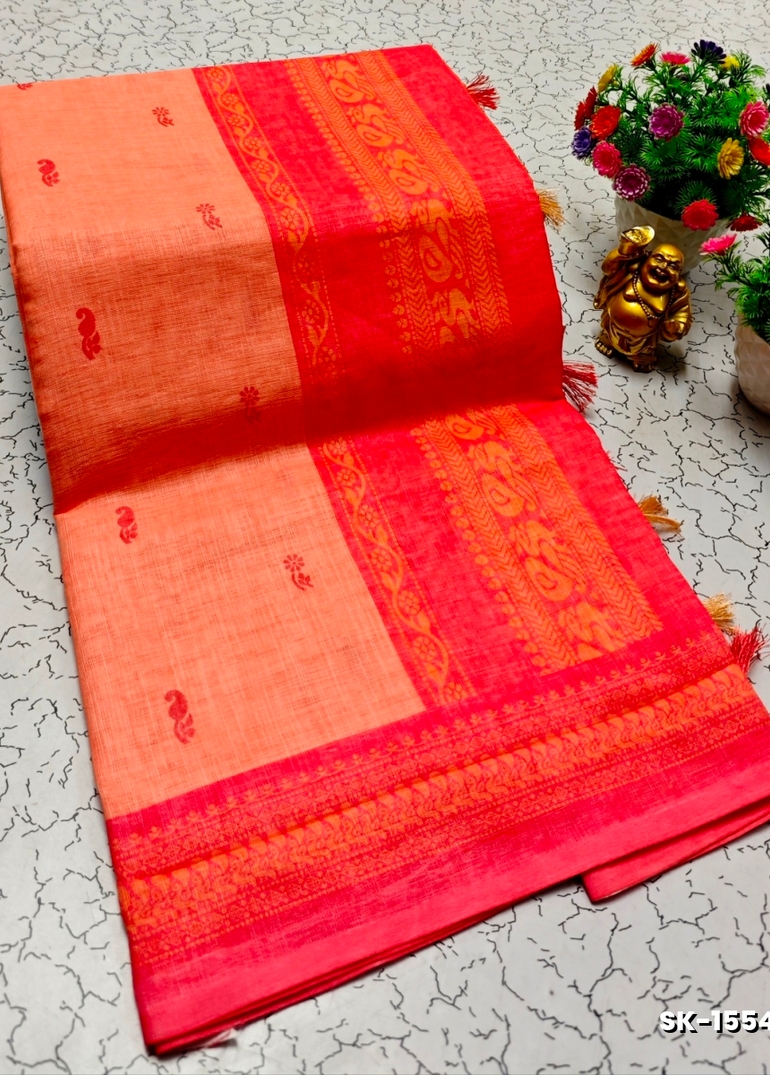DIGITAL PRINTING KALIYANI LINEN COTTON SAREES - ORANGE
