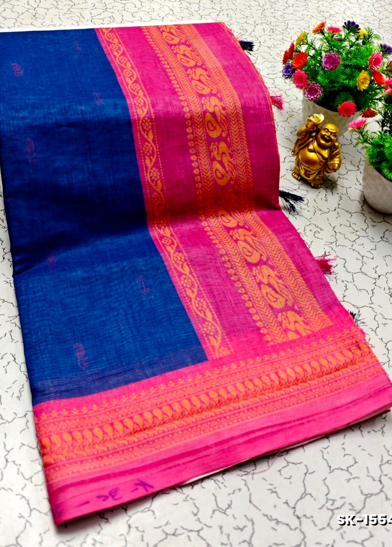 DIGITAL PRINTING KALIYANI LINEN COTTON SAREES - NAVY COLOUR