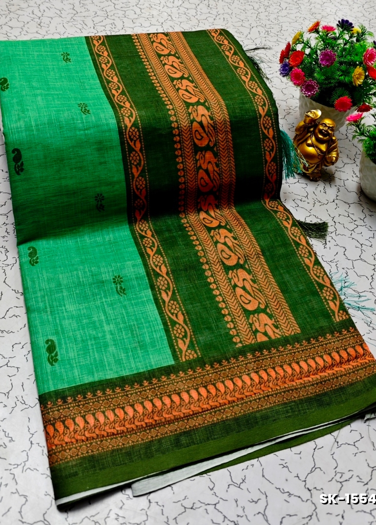 DIGITAL PRINTING KALIYANI LINEN COTTON SAREES - DARK SKY BLUE