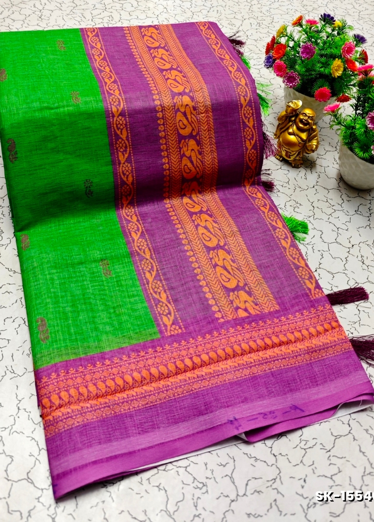 DIGITAL PRINTING KALIYANI LINEN COTTON SAREES - TEAL COLOUR