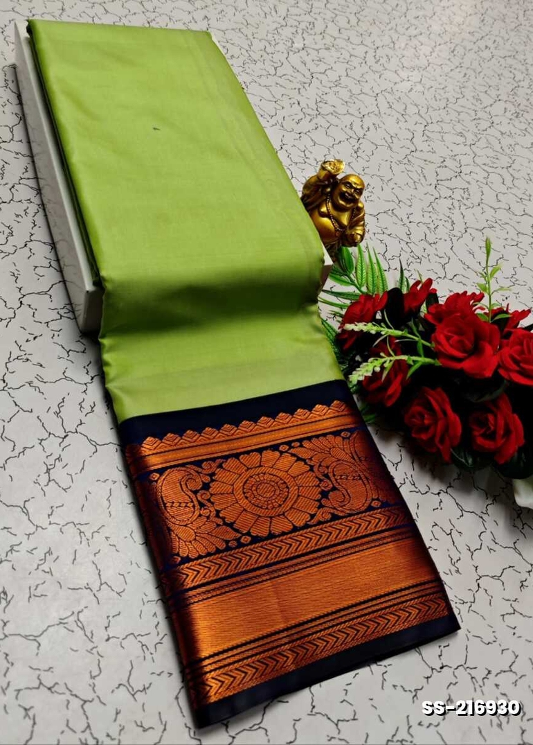 FANCY PLAIN SOFT SILK SAREES COPPER DESIGN BORDER  - PESTA GREEN