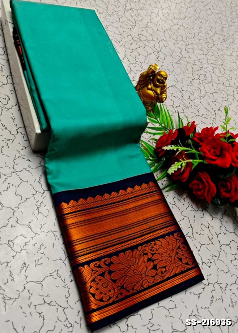 FANCY PLAIN SOFT SILK SAREES  COPPER DESIGN BORDER - DARK SKY BLUE