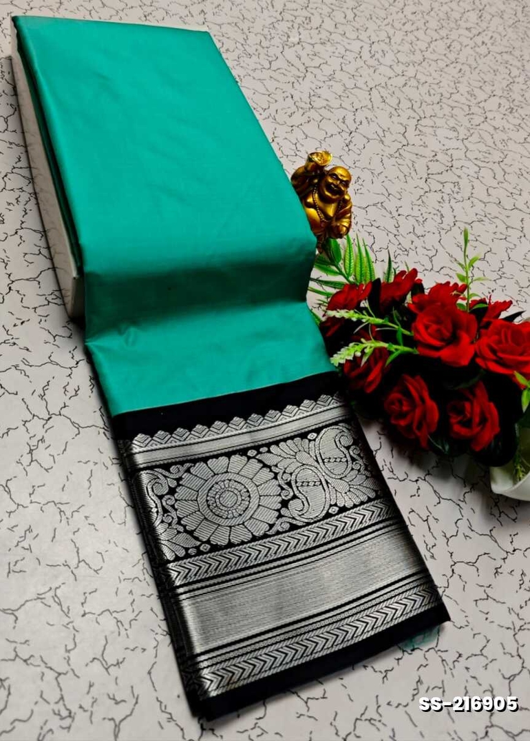 FANCY PLAIN SOFT SILK SAREES SILVAR  DESIGN BORDER  - SKY BLUE