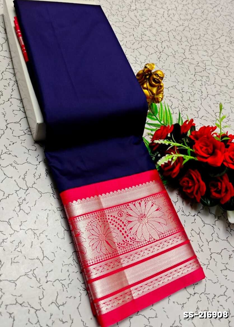 FANCY PLAIN SOFT SILK SAREES SILVAR  DESIGN BORDER  - NAVY COLOUR