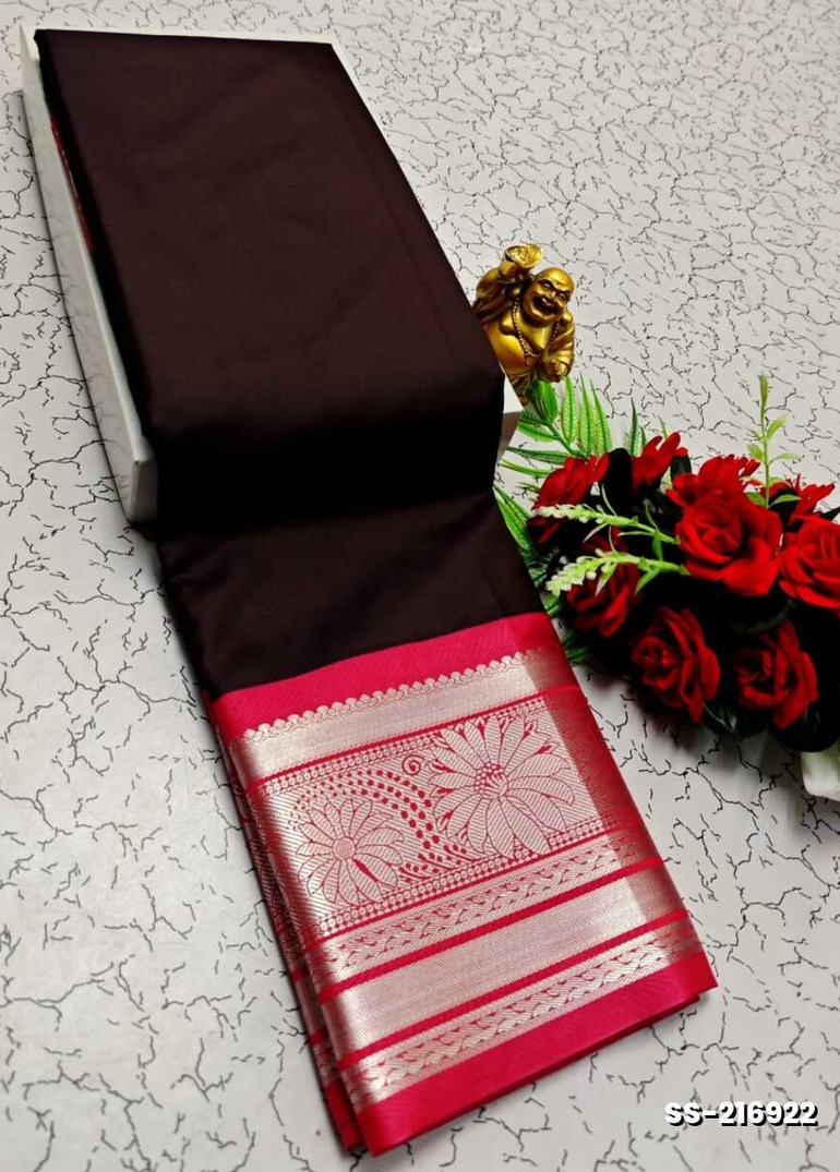 FANCY PLAIN SOFT SILK SAREES SILVAR  DESIGN BORDER - COFEE BROWN