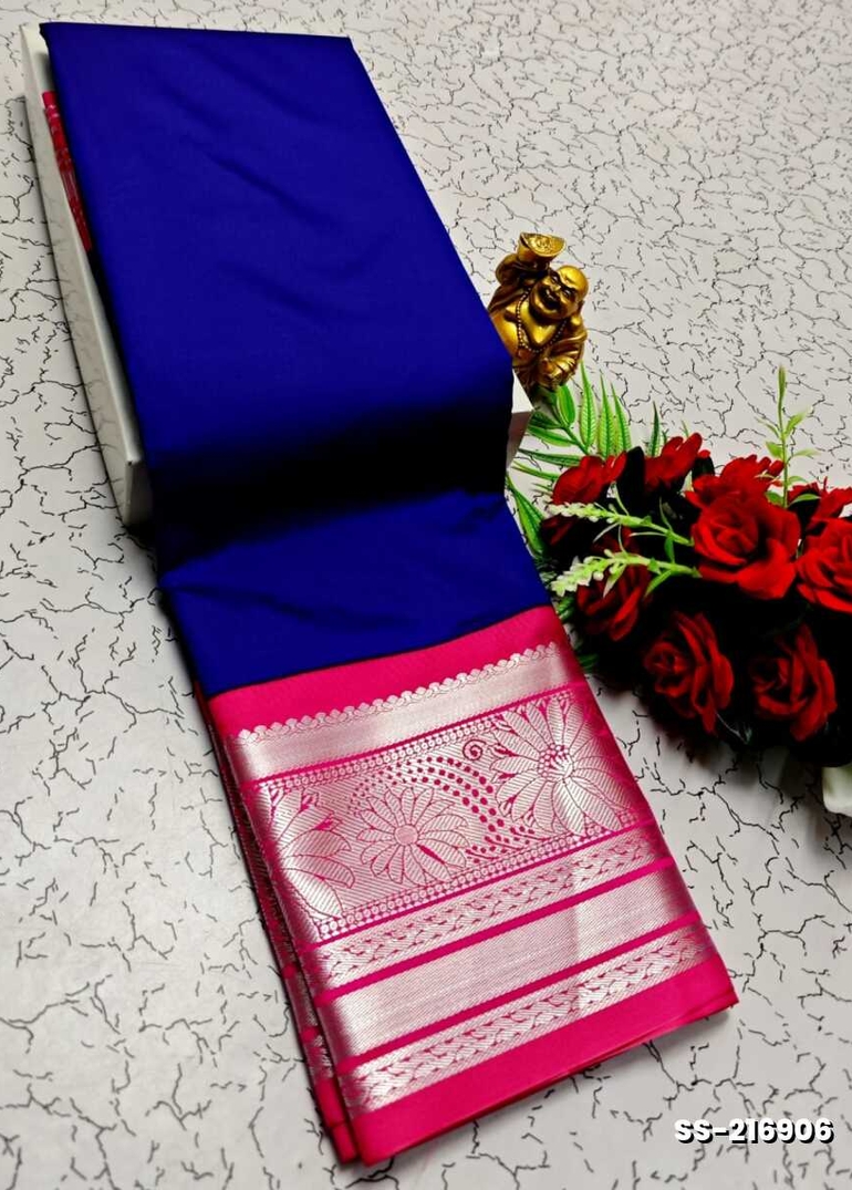 FANCY PLAIN SOFT SILK SAREES SILVAR  DESIGN BORDER  - ROYAL BLUE
