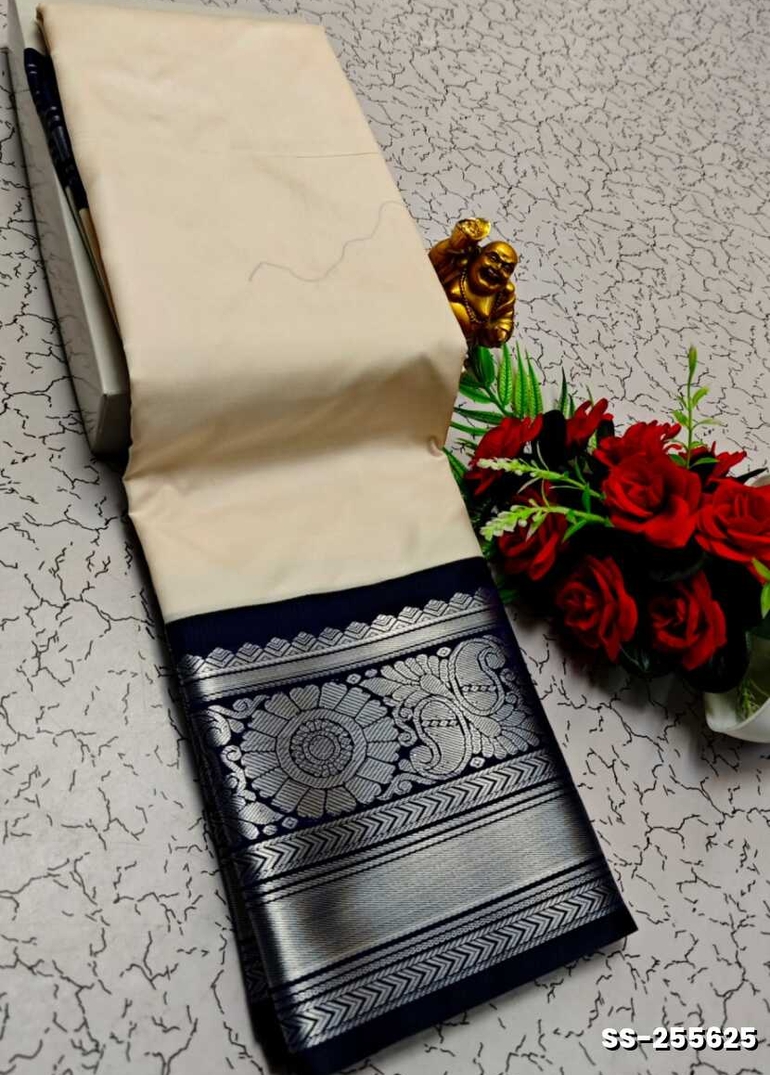 FANCY PLAIN SOFT SILK SAREES SILVAR  DESIGN BORDER  - WHITE (1)