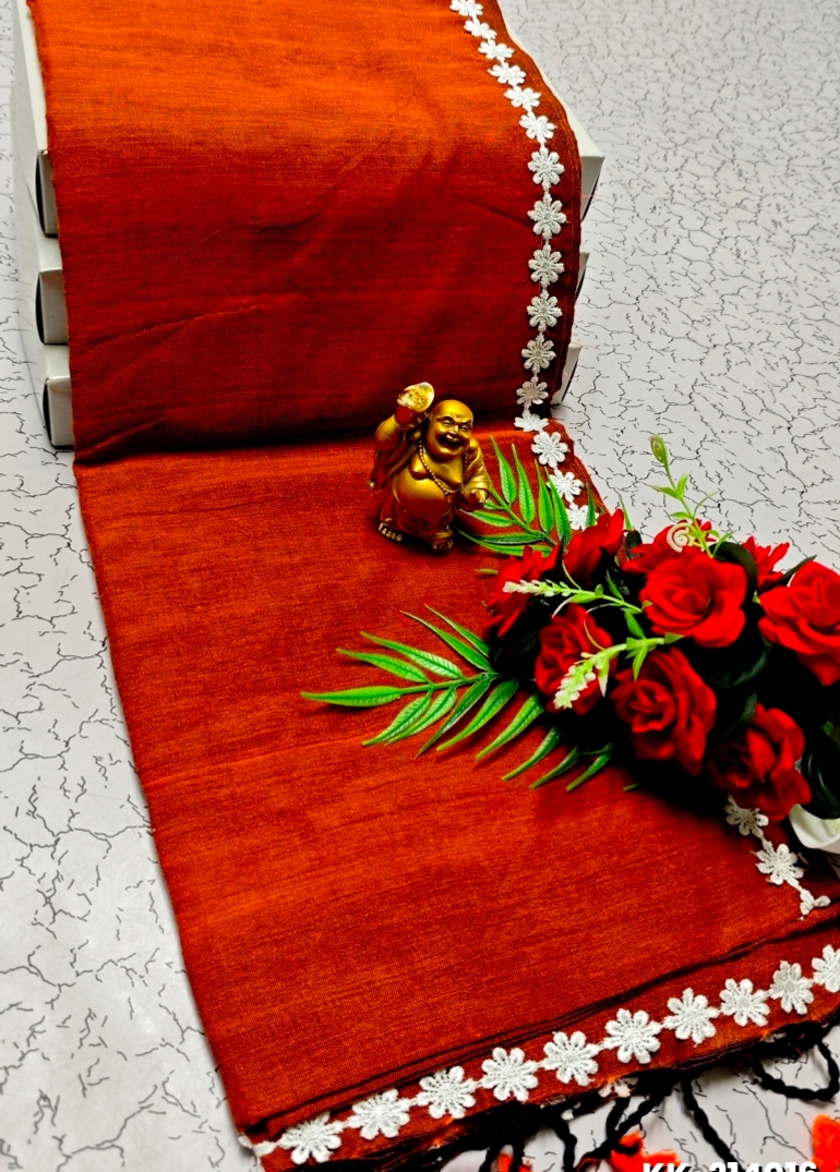 Handloom Khadi Cotton Saree With Hand Painted  Work - ORANGE