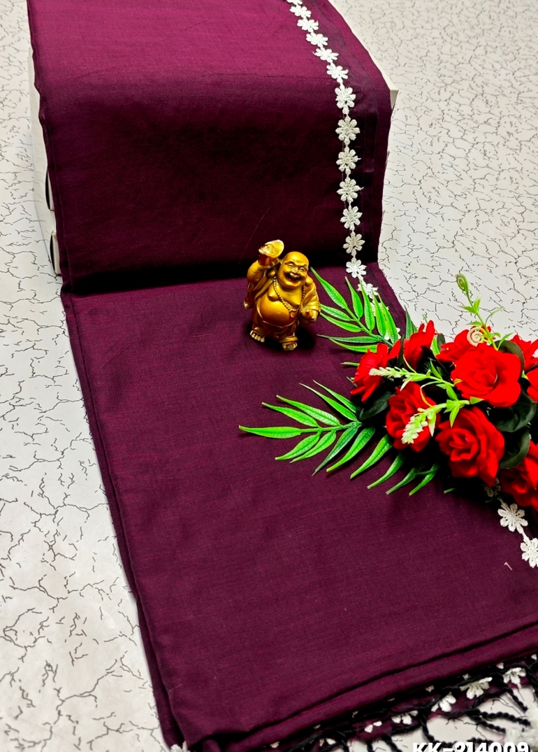 Handloom Khadi Cotton Saree With Hand Painted  Work - PURPLE COLOUR