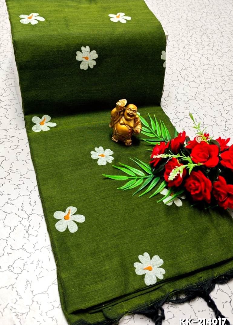 Handloom Khadi Cotton Saree With Hand Painted  Work - OLIVE GREEN