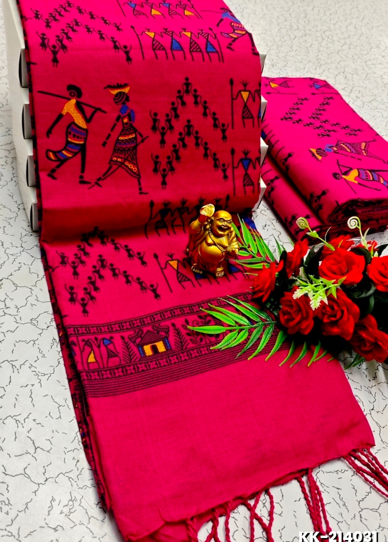 Handloom Khadi Cotton Saree With Hand Painted  Work - DARK PINK