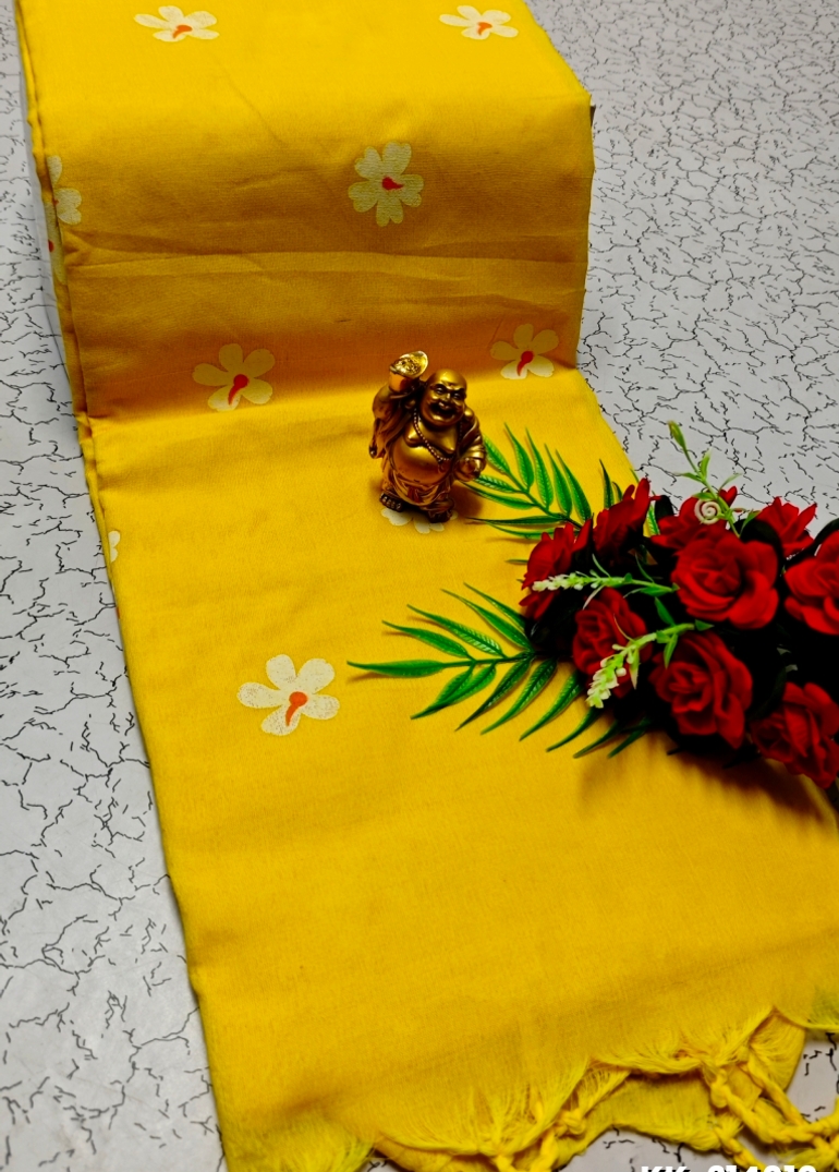 Handloom Khadi Cotton Saree With Hand Painted  Work - YELLOW