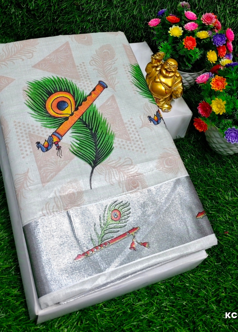 TRENDING KERALA SPECIAL FULL WORK EMBOSSED DIGITAL PRINTING TISSUE SAREE COLLECTIONS - WHITE