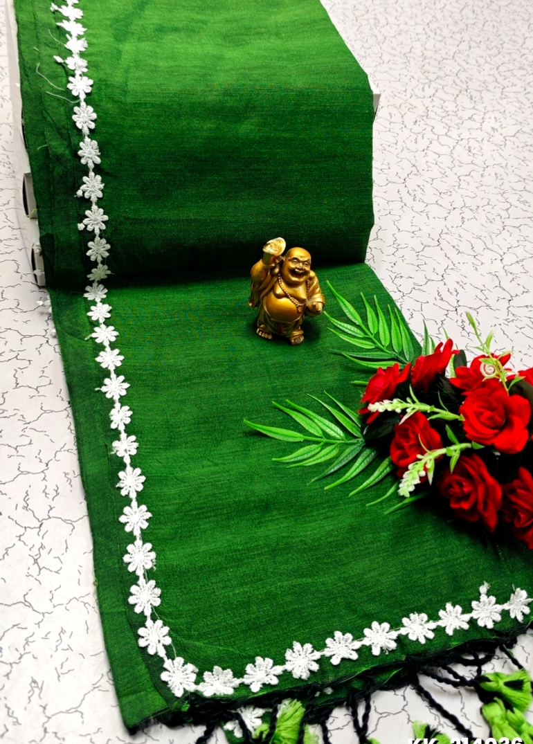 Handloom Khadi Cotton Saree With Hand Painted  Work - BOTTLE GREEN