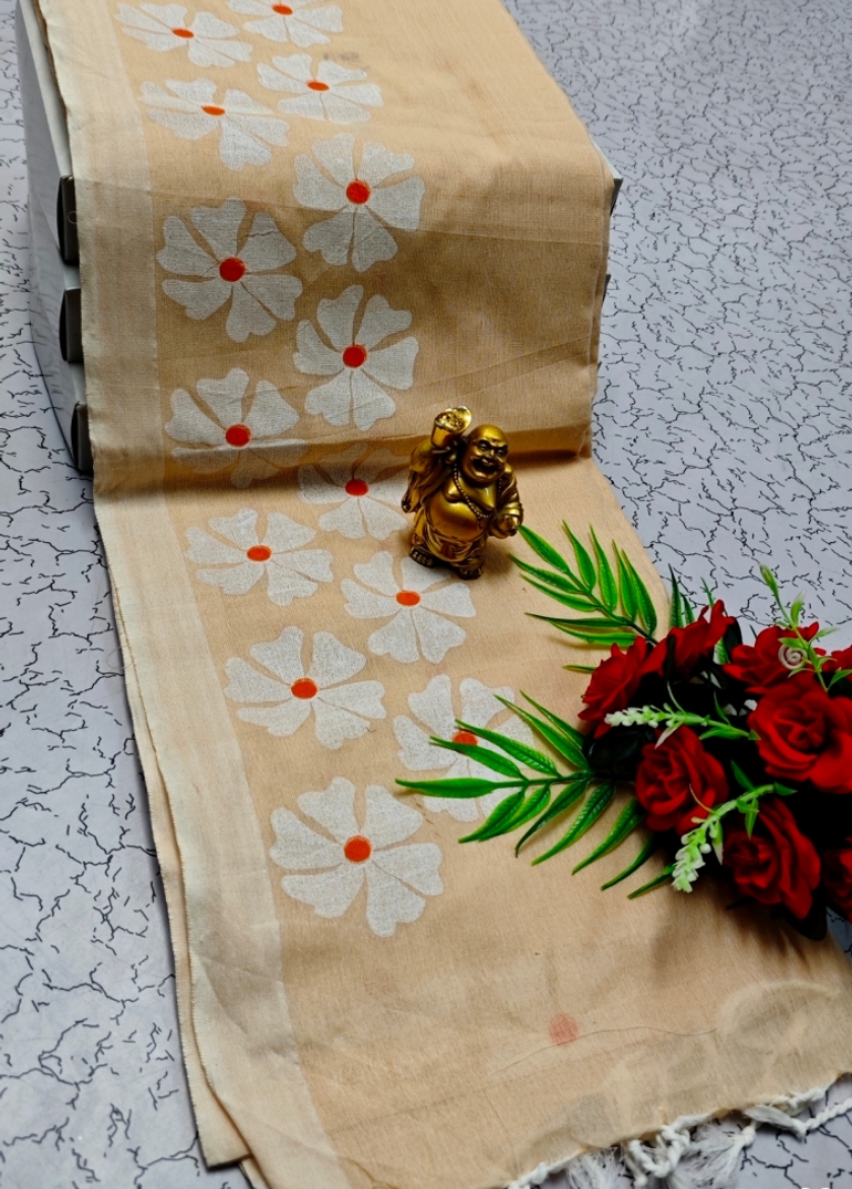 Handloom Khadi Cotton Saree With Hand Painted  Work - CREAM