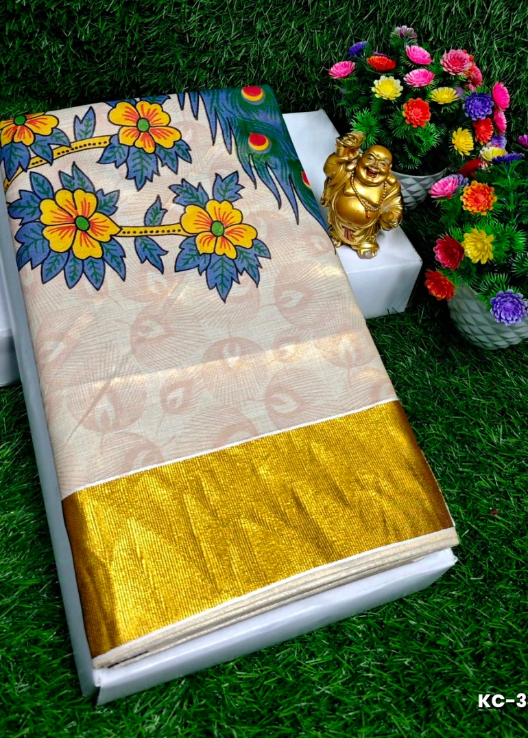 TRENDING KERALA SPECIAL FULL WORK EMBOSSED DIGITAL PRINTING TISSUE SAREE COLLECTIONS - CREAM