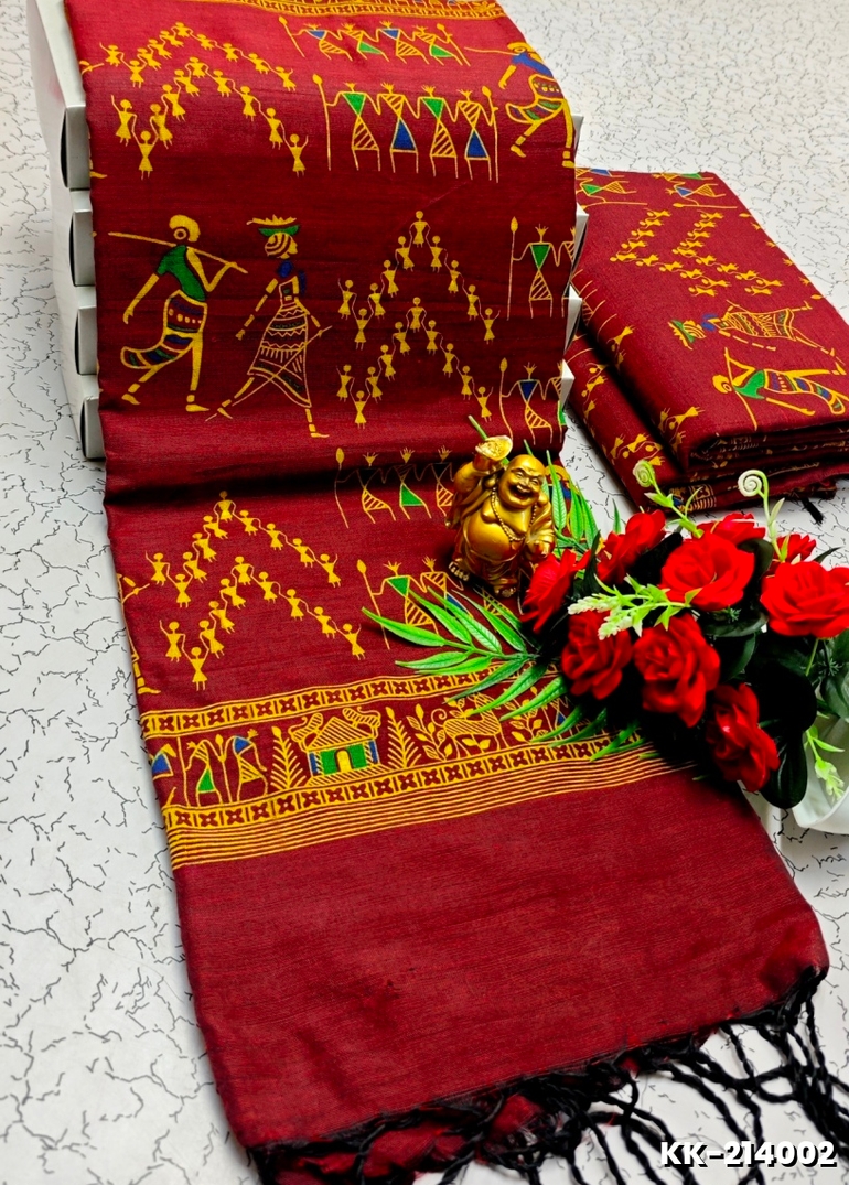 Handloom Khadi Cotton Saree With Hand Painted  Work - MERUN