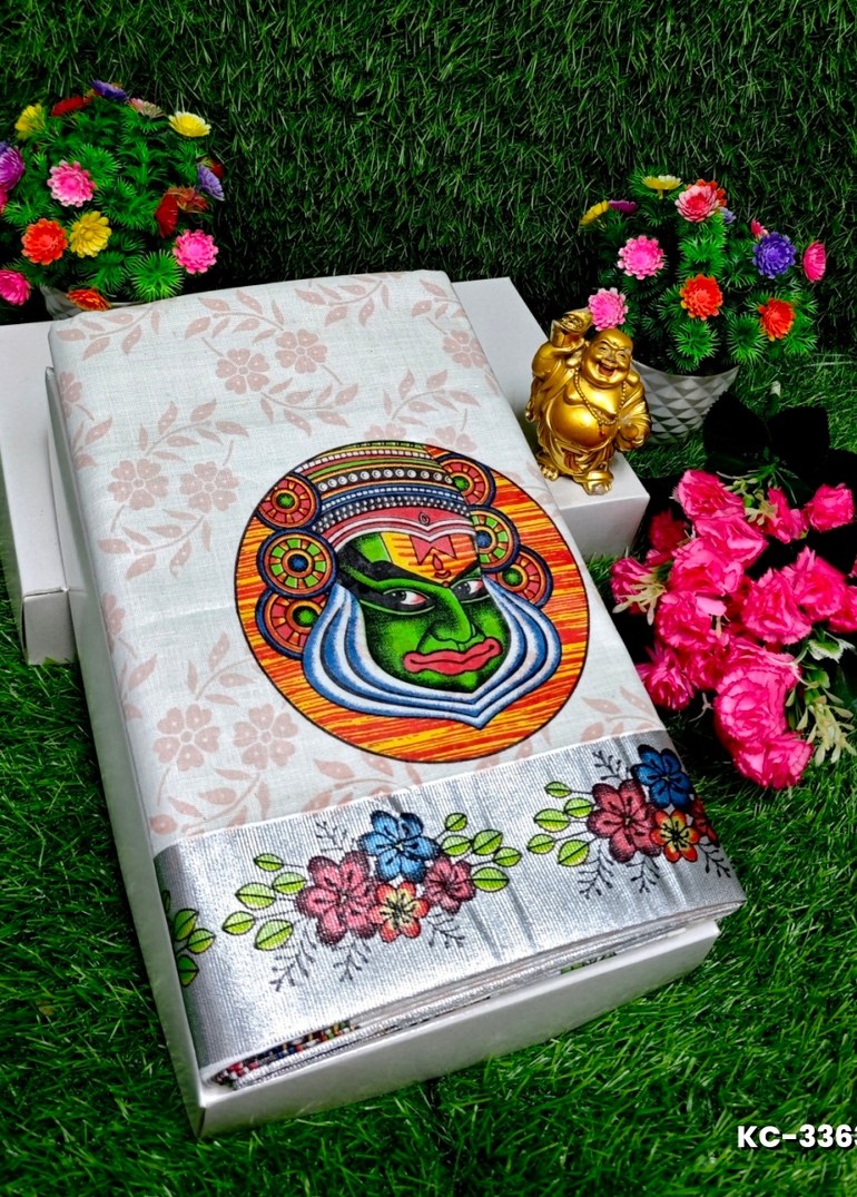 TRENDING KERALA SPECIAL FULL WORK EMBOSSED DIGITAL PRINTING TISSUE SAREE COLLECTIONS - WHITE (1)