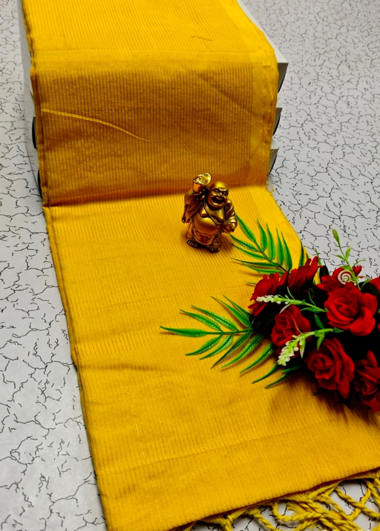 Handloom Khadi Cotton Saree With Hand Painted Work - YELLOW